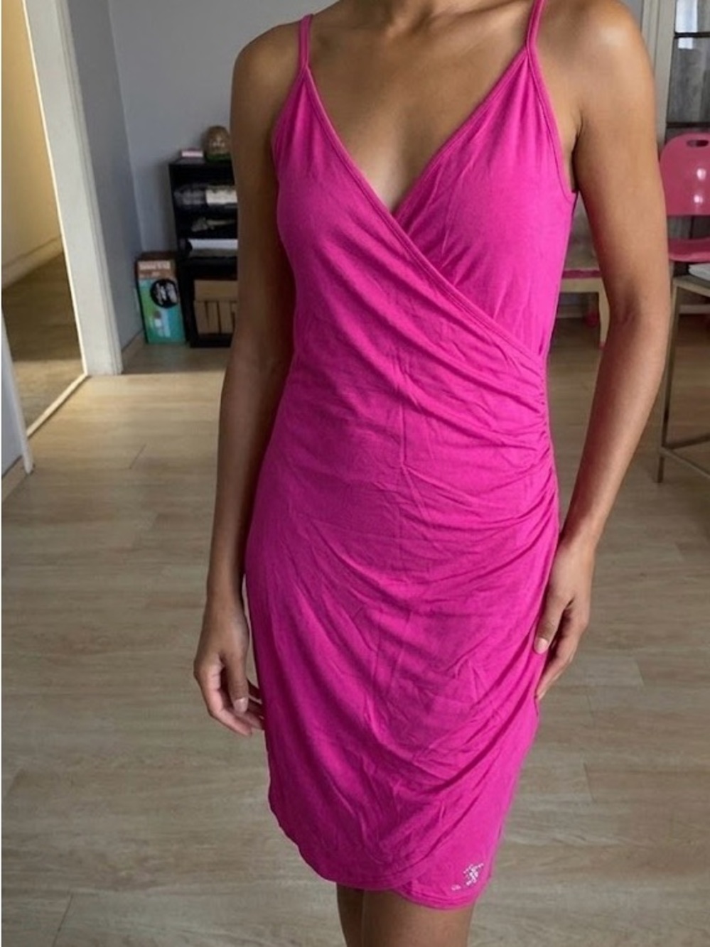 bebe Hot Pink Ruched Wrap-Front Mini Dress